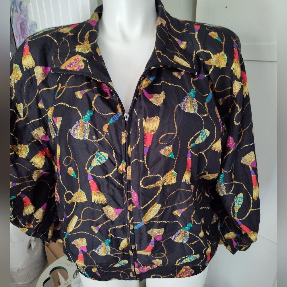 VintageTassel Print Washable Silk Rhoda Lynne Jacket Womens Lg Full Zip *Read*